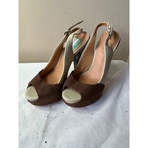 L.A.M.B. Gwen Stefani Brown Suede Grey Leather Peep Toe Platform Heels Size 6M